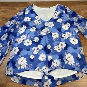 Daily Thread Layered V-Neck Floral Blouse Shirt Top‎ Blue Size 1X NEW